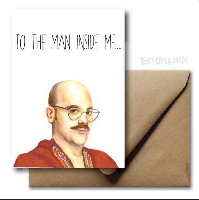 A blad man wearing glasses and a red dress in'to the man inside me' card