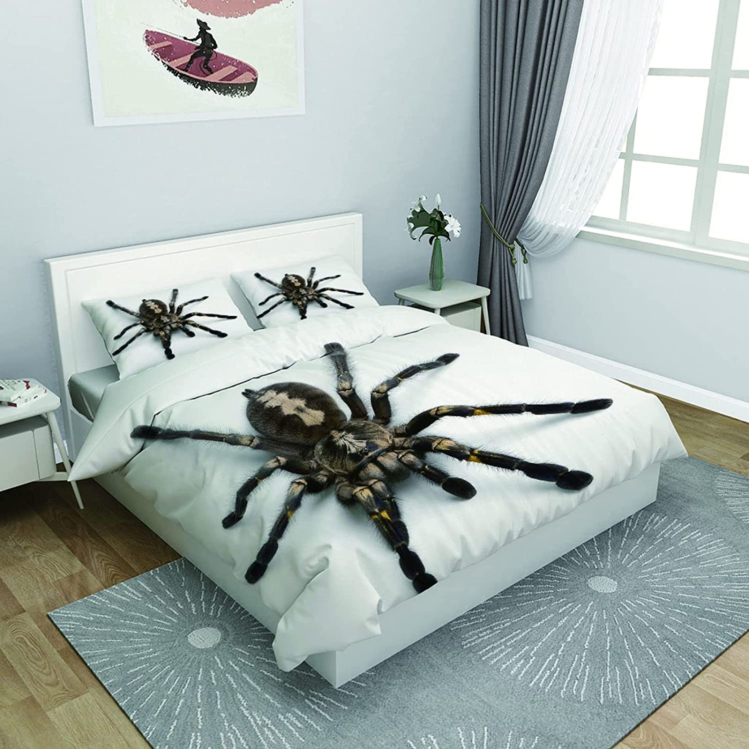 Black colored giant 3d spider with white bg bedsheet
