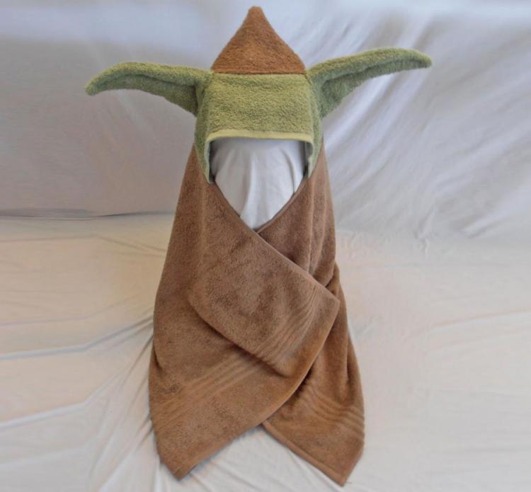 Green and brown towel in the Yoda figure