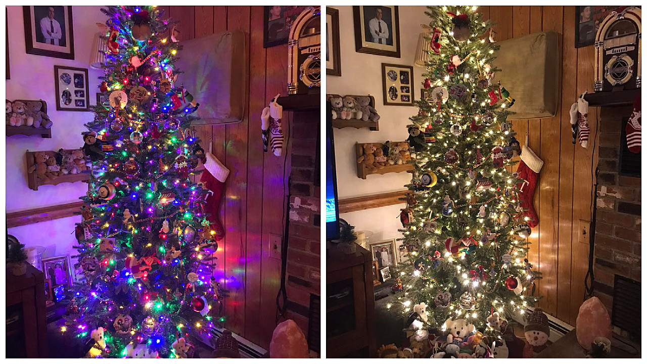 Christmas tree decorated with multi-colored lights and other decors in a room corner; Christmas tree decorated with yellow lights and other decor in a room corner