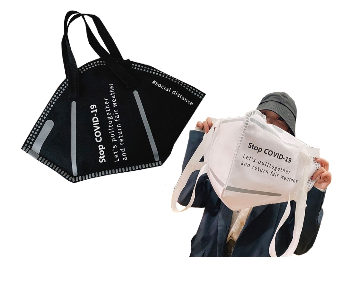 A girl holding a white Giant Face Mask Tote Bag; a black colored Giant Face Mask Tote Bag