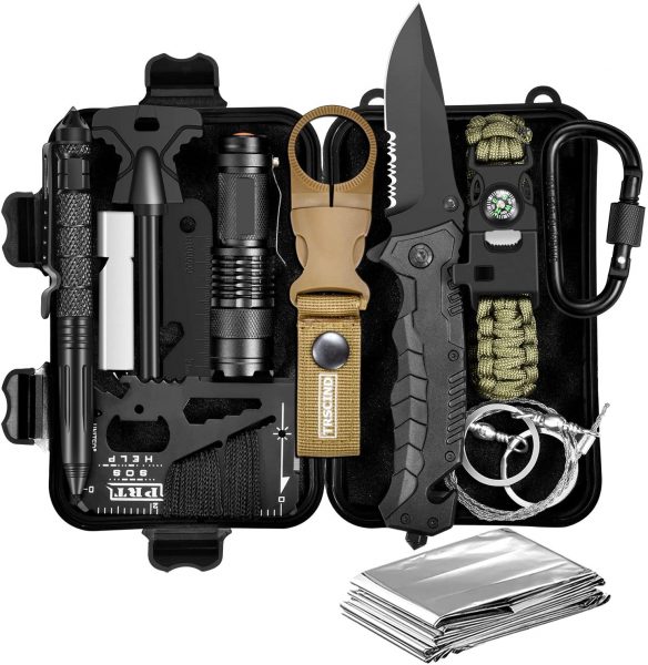 Survival Gear And Equipment features a three-mode flashlight, a handy firestarter, and a wire saw