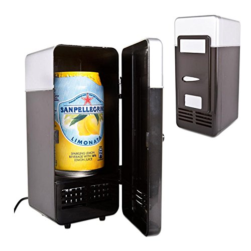 Black colored mini-fridge holding a juice can