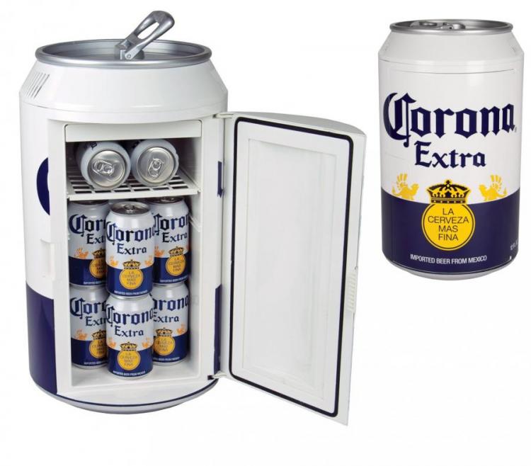 Blue and white-colored beer can shaped refrigerator filled with beer cans