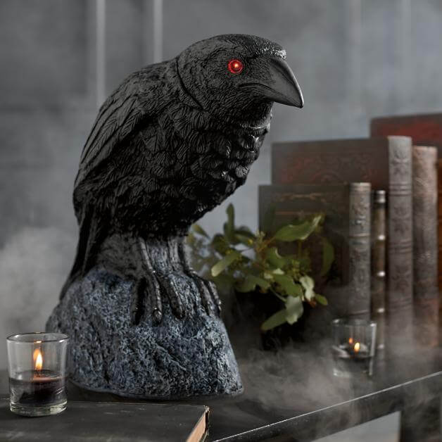 Red eyed raven toy sitting on a stone 