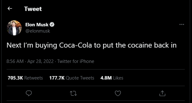 A Tweet Of Elon Musk Saying He Is Buying Coca-Cola To Put The Cocaine Back In
