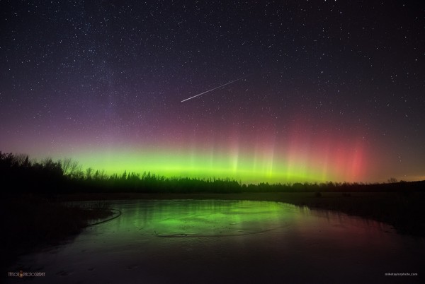 Green, yellow, and pink colored Aurora Borealis above a lake and the lane of trees