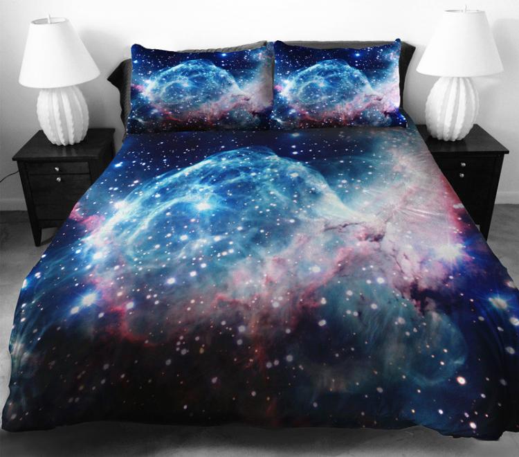 Blue-purple-pink galaxy-themed colored bed sheet set