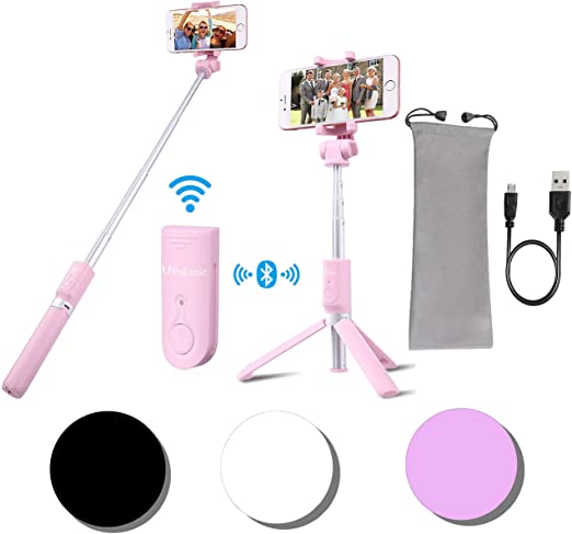 A Pink selfie stick tripod set with pouch and connector