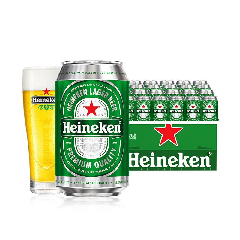 A glass and a can of Heineken beer, with a product packaging on the back