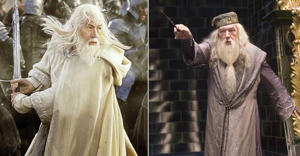 Dumbledore wearing a long grey gown, a cap, and holding a wizard wand; Gandalf wearing a long white gown and holding a sword in a war