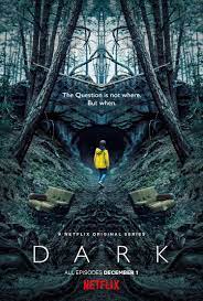 A dark poster of Netflix's DARK in which a girl wearing a yellow jacket standing in the dark woods next to an open den