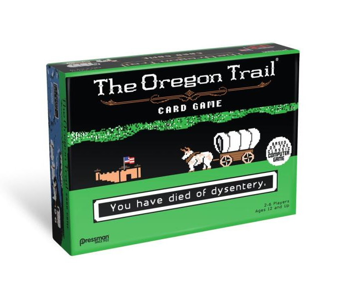 Green and black colored Oregon trail game box with' would have died of dysentery' written on it; an ox pulling a cart towards a fort