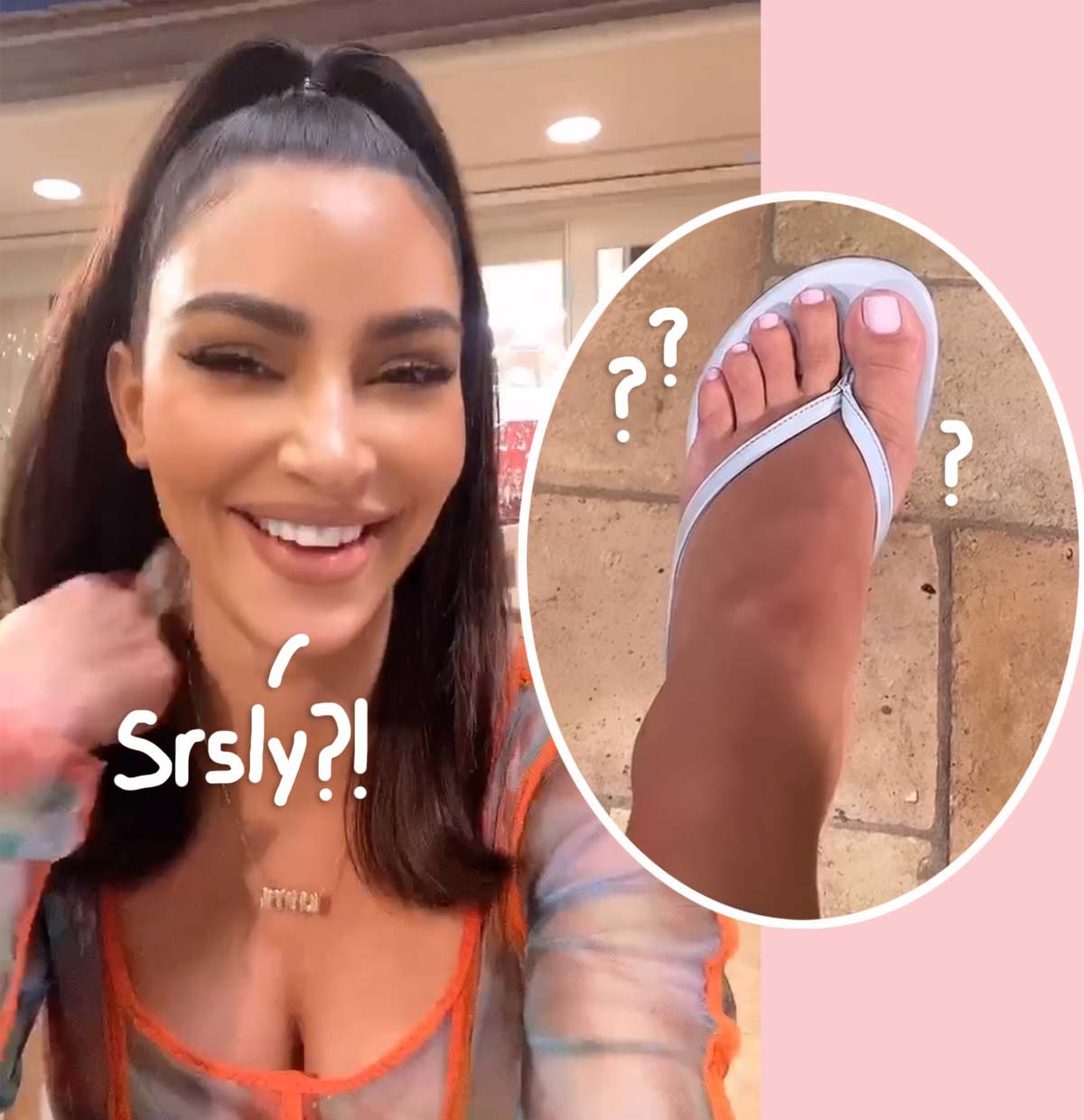 Kim Kardashian laughng; Kim Kardashian left foot in a white sandal