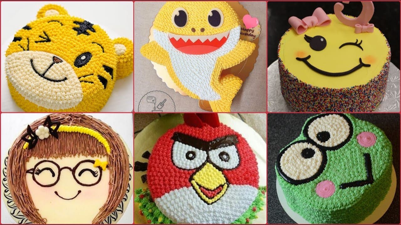 Animal-themed cakes, cartoon-girl cake, and emoji cake