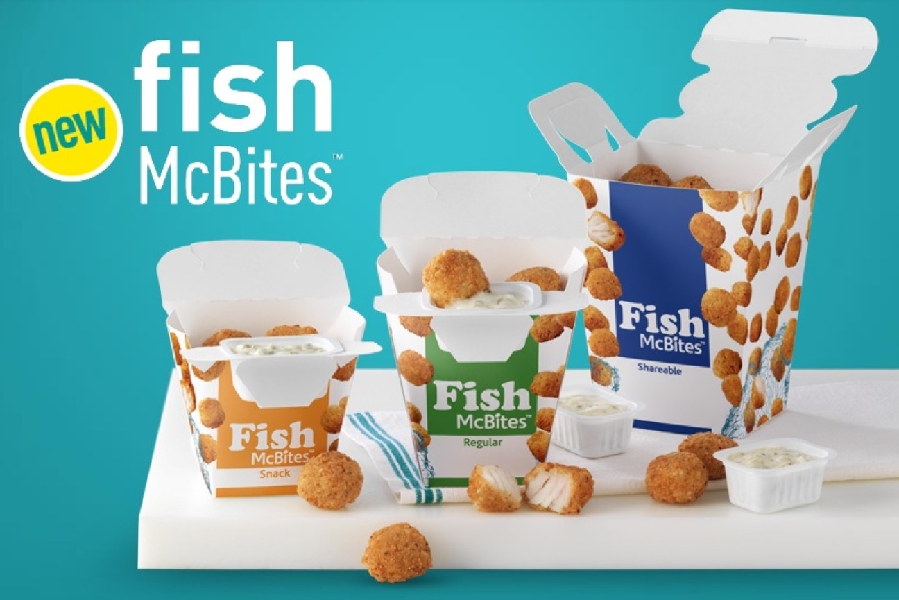 McFish Bites in small, medium, and large sized containers placed on a white table
