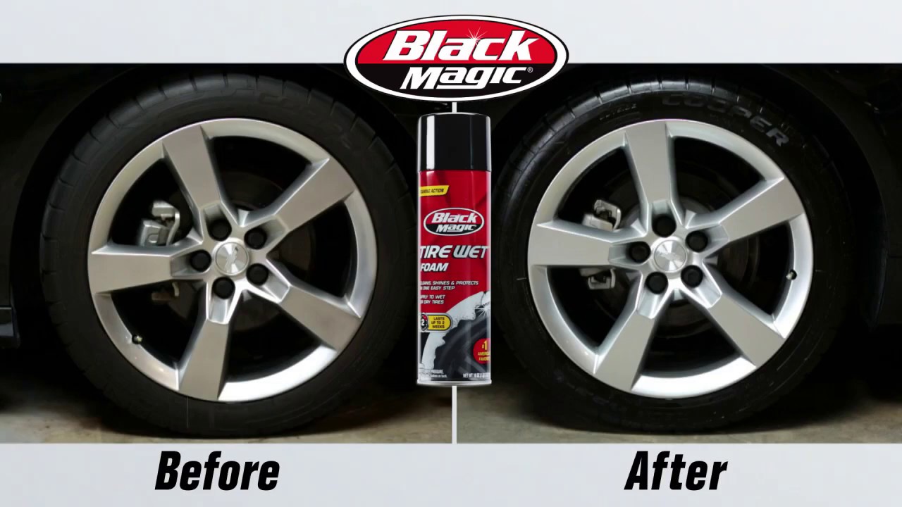 Before and after of a tire after using black tire car spray