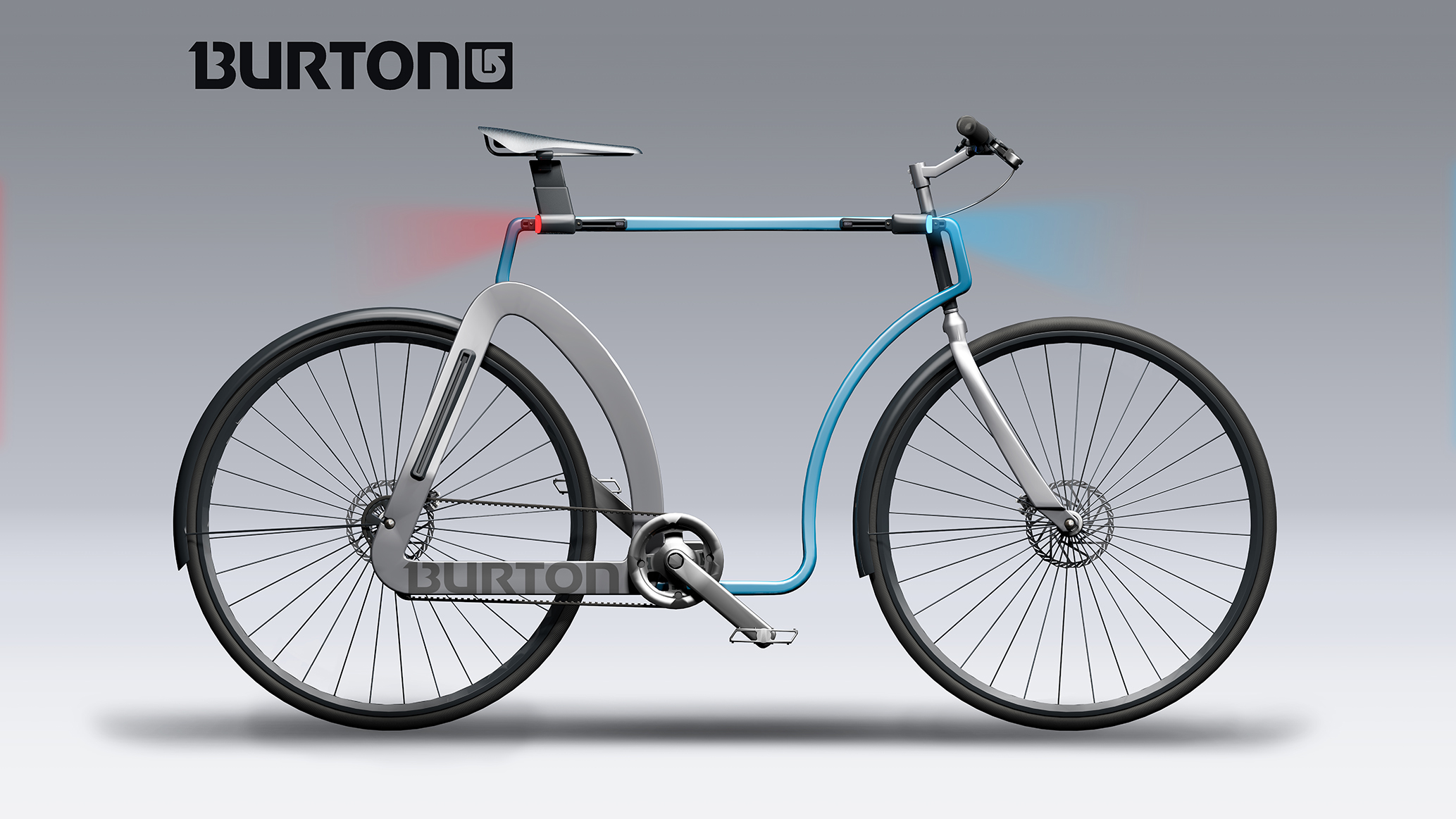 3D drawing of black and blue chainless bicycle 