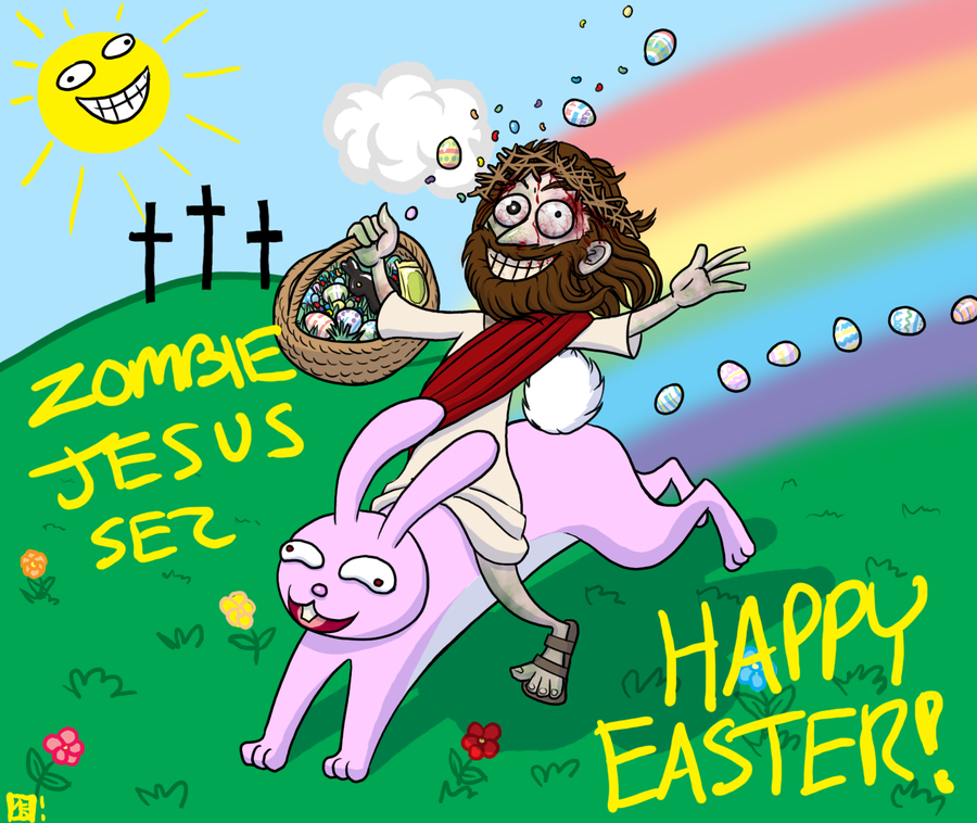 Zombie Jesus riding on a pink bunny painting and celebrating Easter