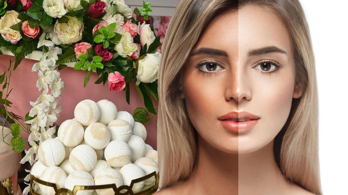 Bath bombs stacked on each other; A lady's face half face with tan and half face without tan 