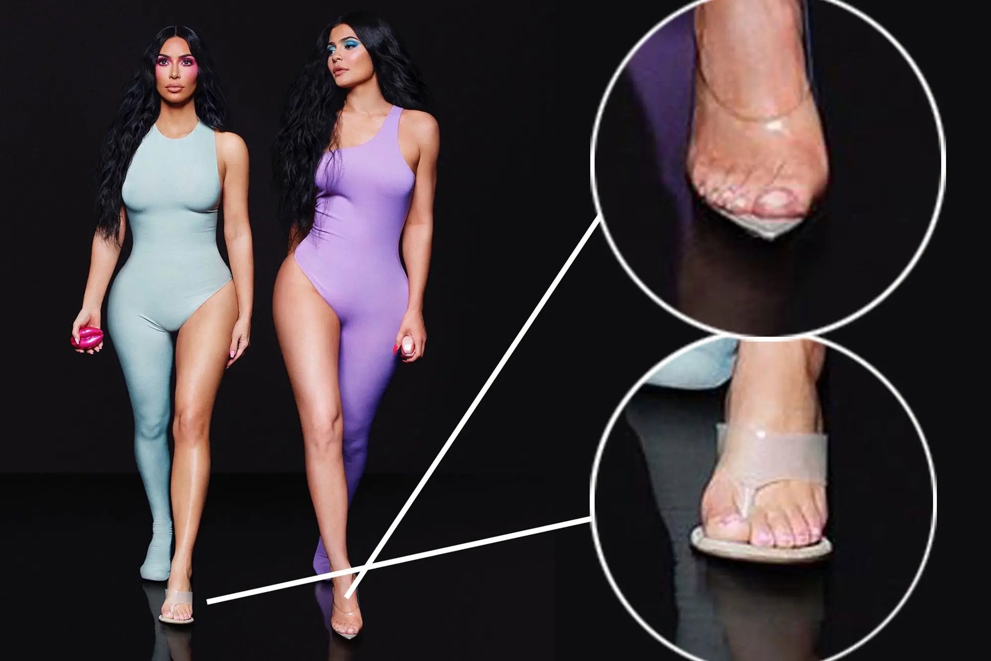 Kim Kardashian in a light blue full-body suit and Kylie in a purple full-body suit