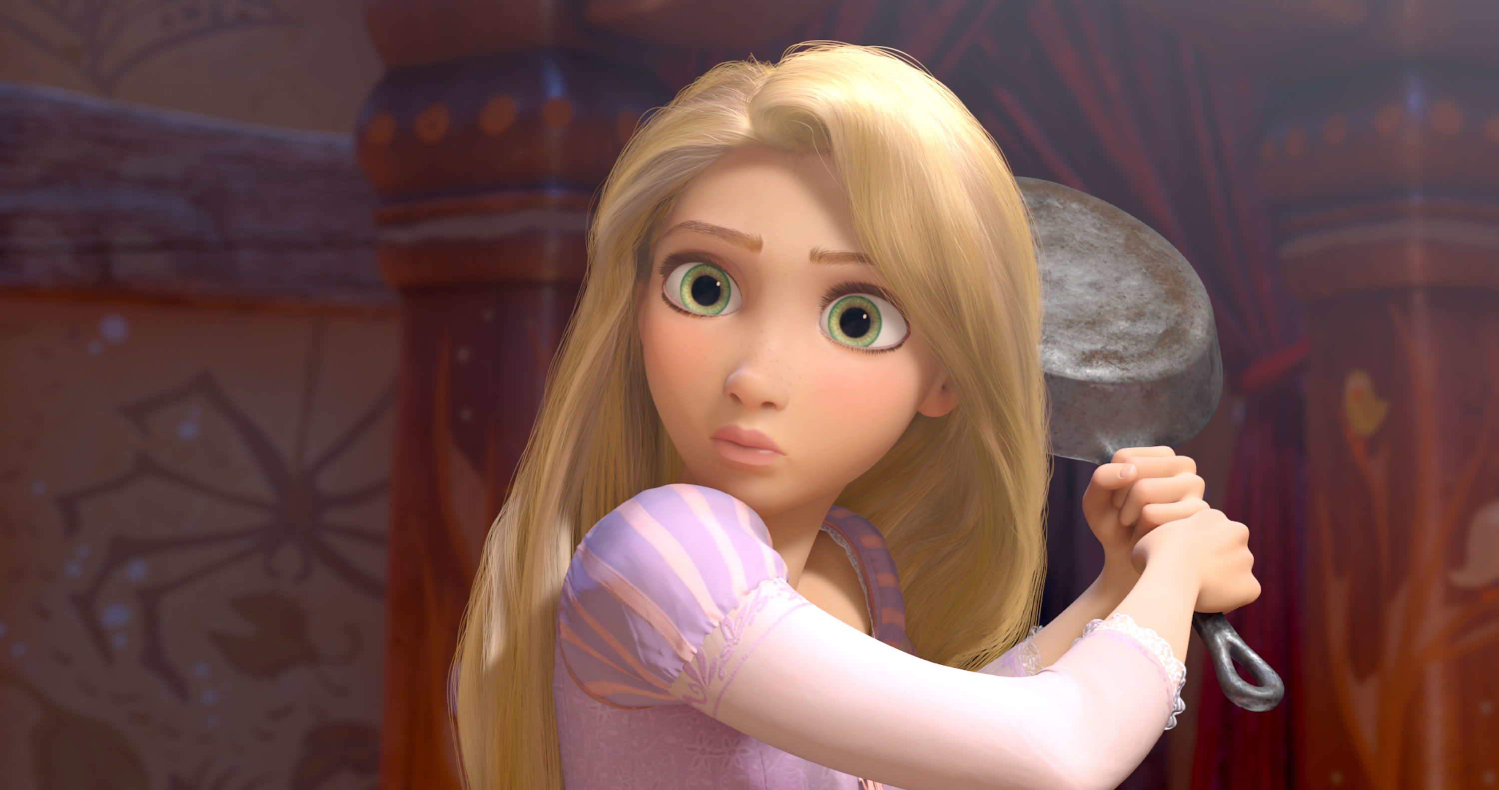 Rapunzel holding a fry-pan to hit someone