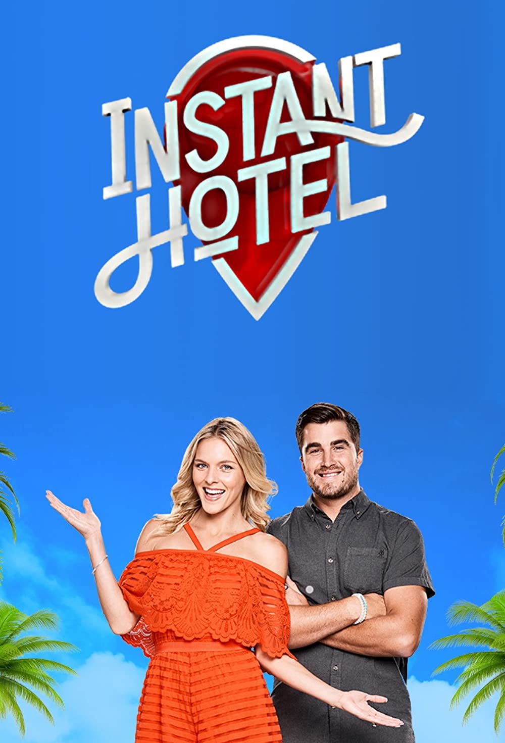 A lady wearing an orange dress and a man wearing a grey shirt in the instant hotel tv show poster