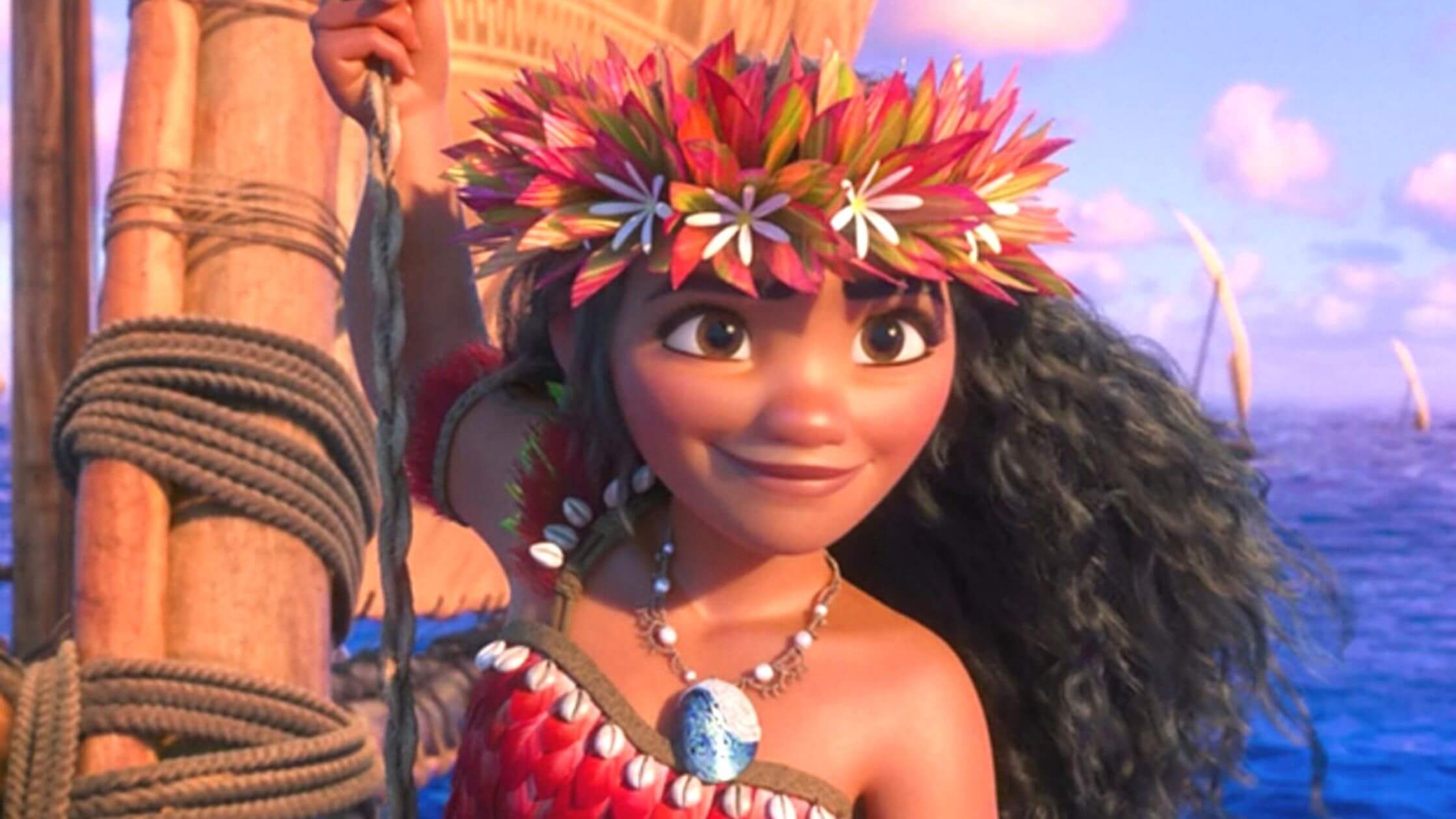 Moana wearing a flower band and sailing boat in the sea
