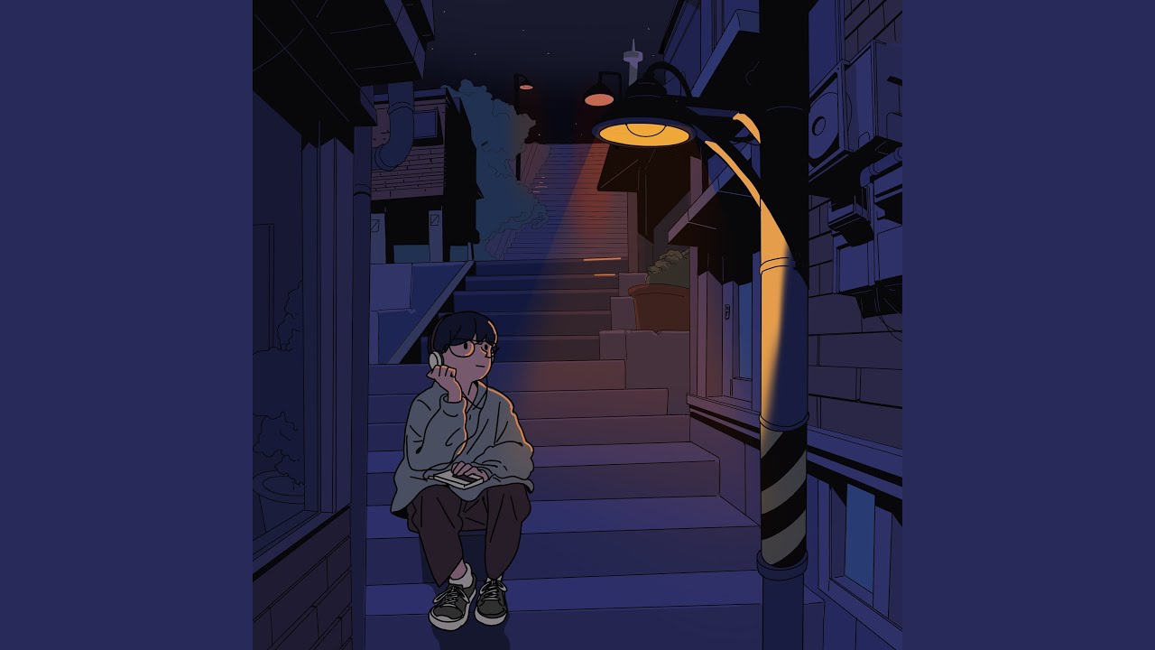 Artistic illustration of a boy sitting next to a street lamp