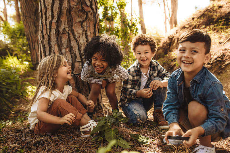 Children are playing and laughing in the forest