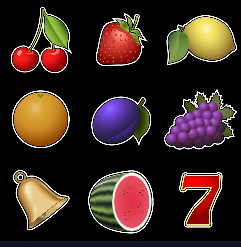 Slot machine fruit symbols, bell symbol and number 7 on a black background