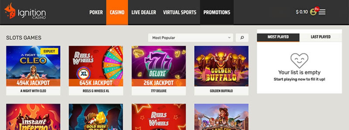 Screenshot of online slot sites on ignition casino website