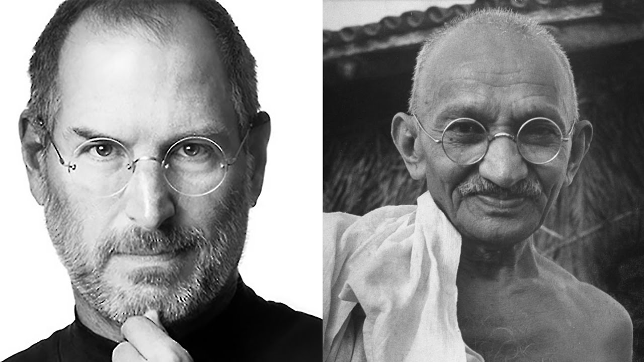 Steve Jobs wearing round frame glasses; Gandhi wearing round-frame glasses