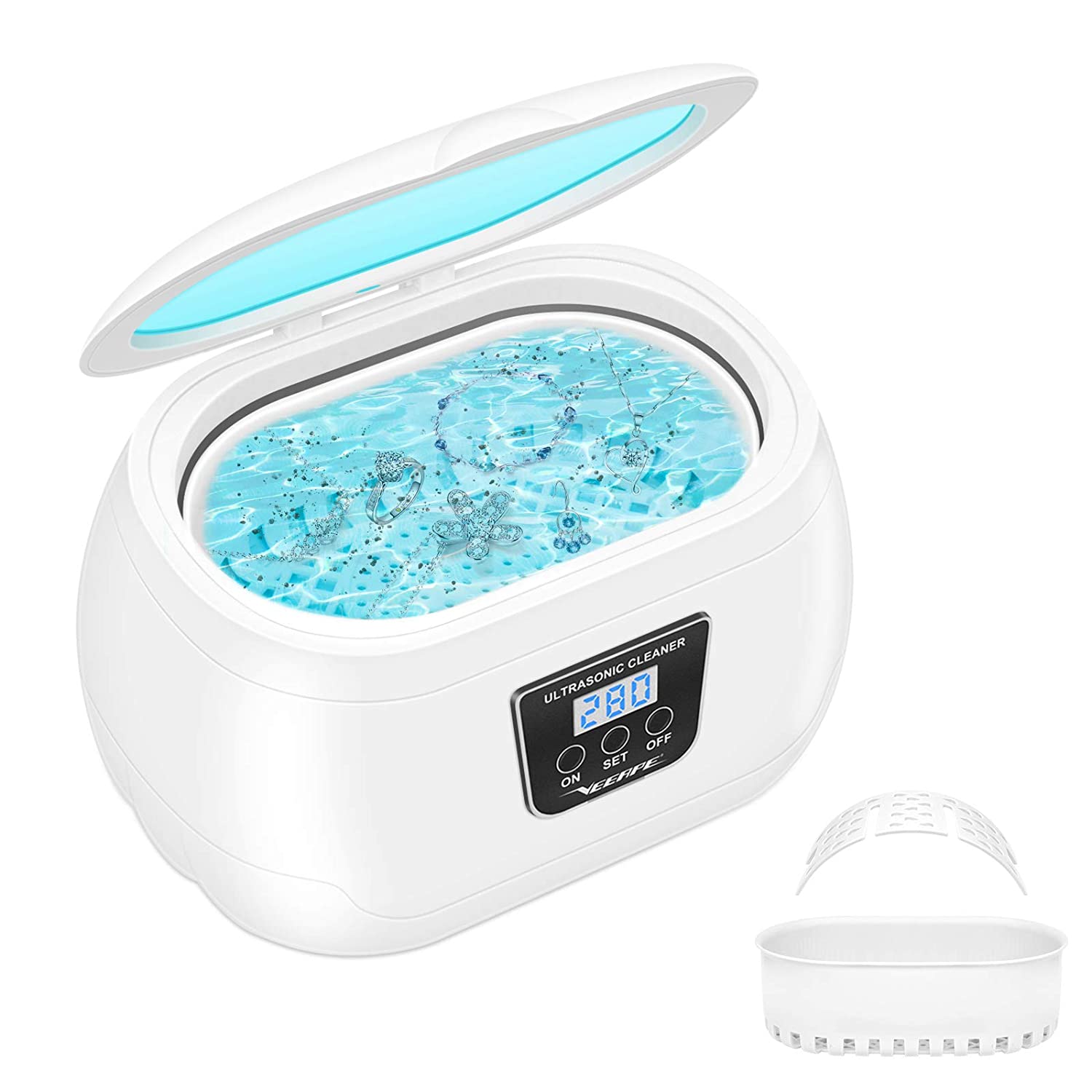 White ultrasonic cleaner with light-blue liquid in it