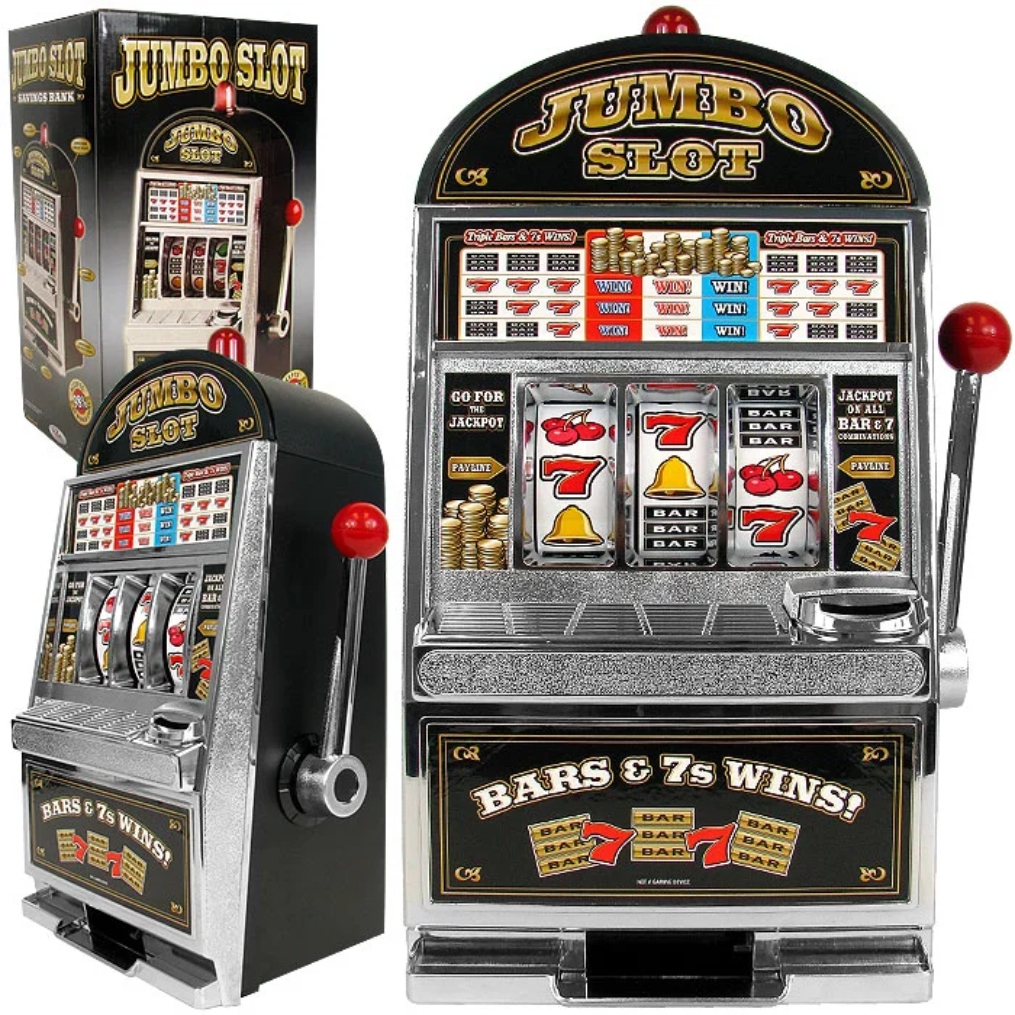 Frontal view of slot machine replica; side view of slot machine replica