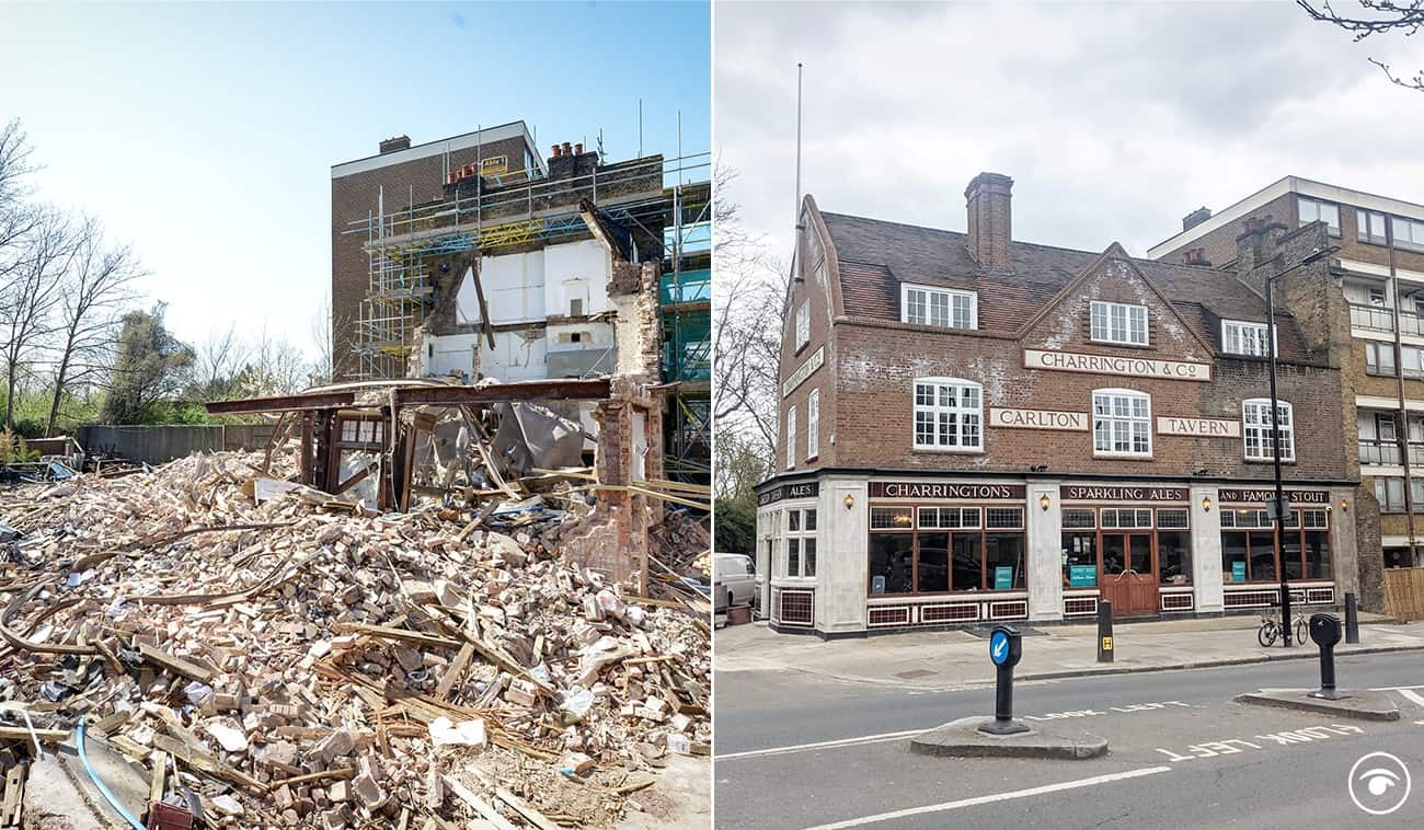 Carlton pub being demolished; The Carlton Tavern after rebuilt
