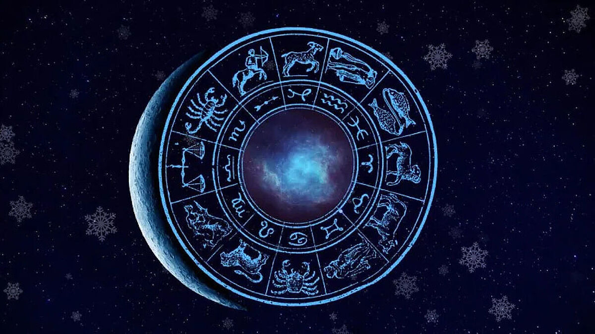 Blue circular horoscope on a dark-blue background