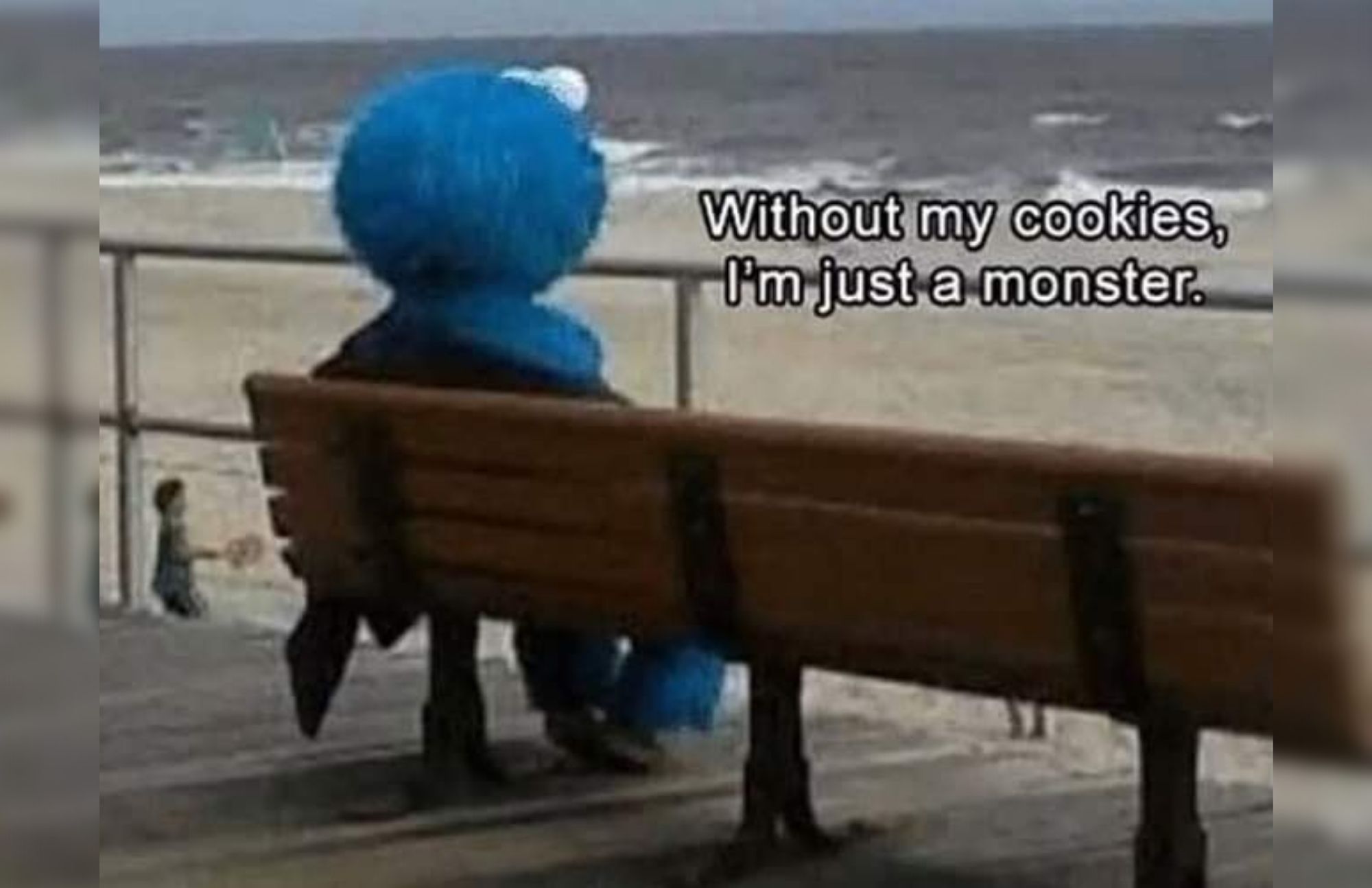 A blue muppet is sitting in a public chair and in front of it is a beach with the meme saying: "without cookies, I'm just a monster"