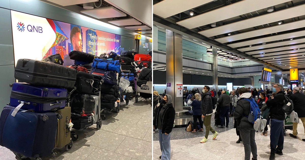 Luggage chaos at UK airport; people walking in the Heathrow airport