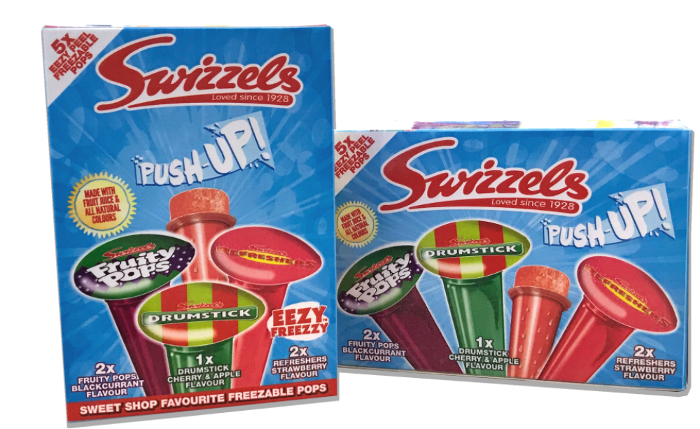 Two packets of Swizzels Drumstick, Fruity Pops, and Push-Up