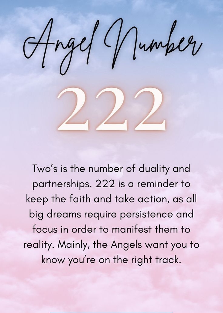 Angel number 222 and its definition written on a blue-pink background