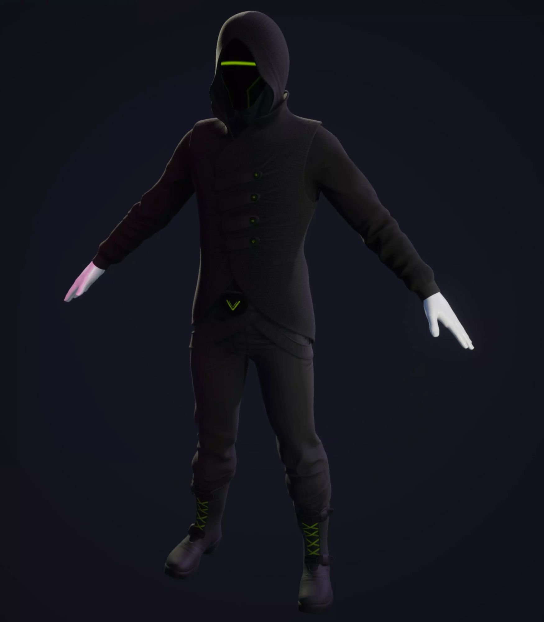 Sci-fi assassin outfit male from Tafi is a full black outfit with neon green linings
