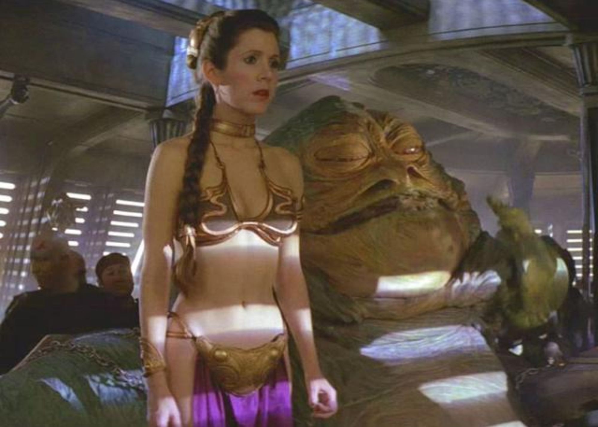 Princess Leia's slave bikini is characterized by a metal bikini and violet-colored fabrics that cover her private area