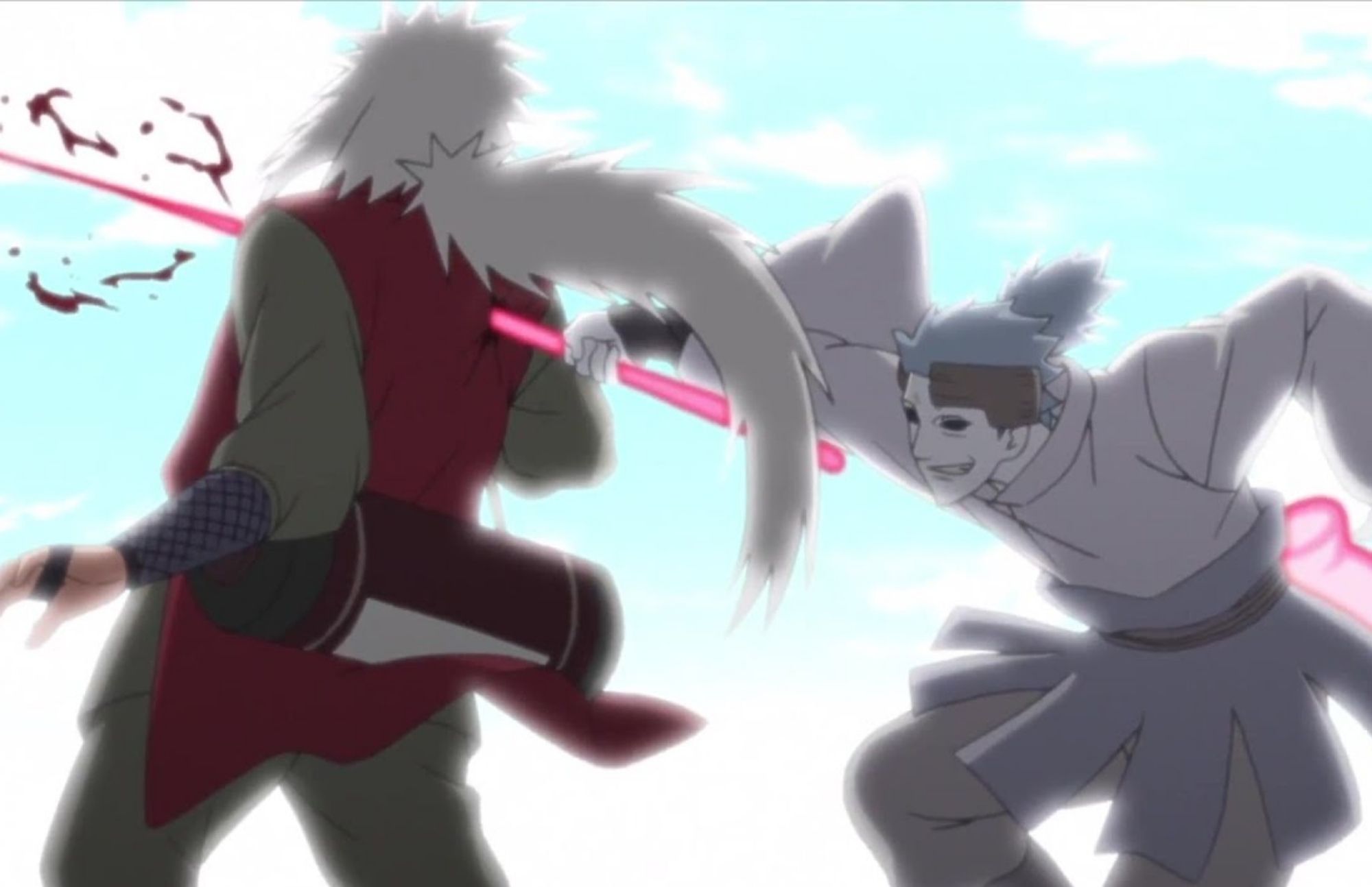 Urikashi, a pale white color kills Jiraiya using a pink long rod and some blood splash out in the air