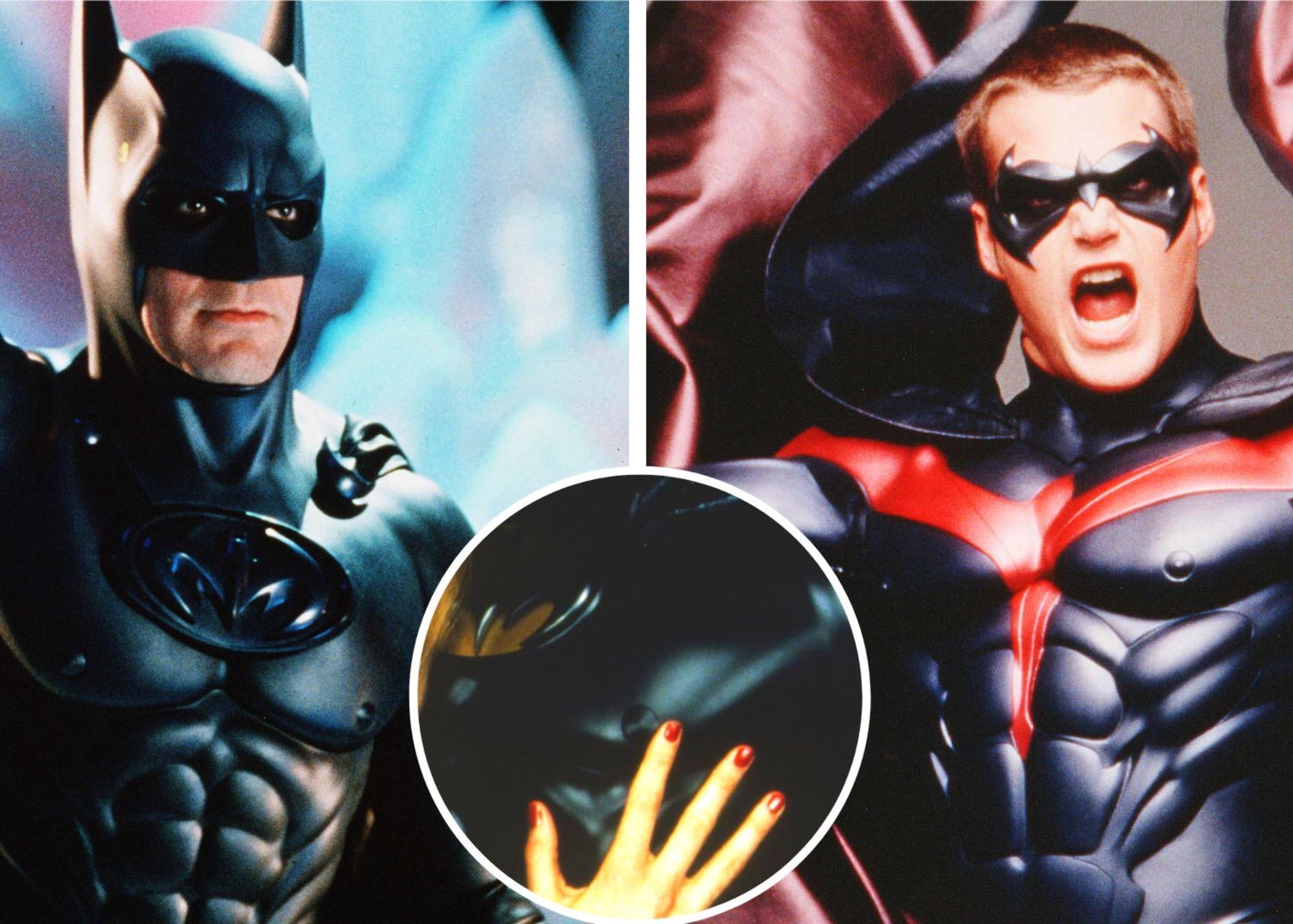 Batman and Robin characters suit with noticeable nipples and on the middle is a woman's hand touching the costume's nipples