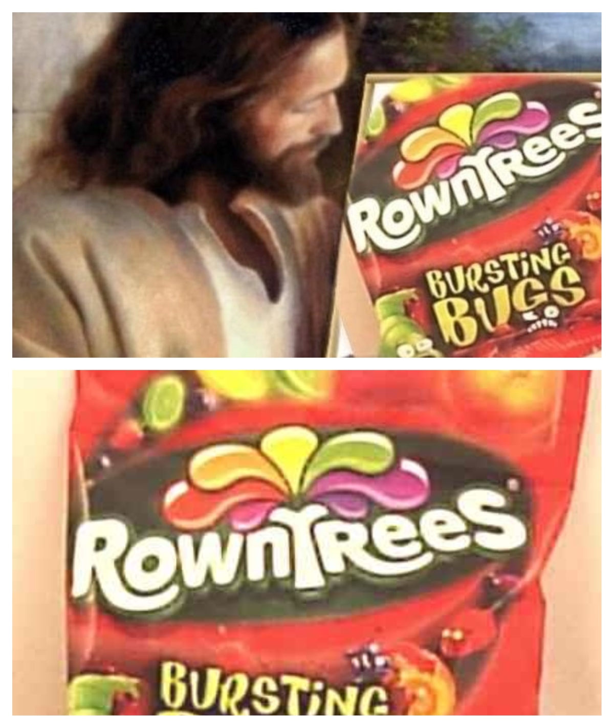 A person holding a Rowntrees Bursting Bugs packet; Rowntrees Bursting Bugs on a skin background