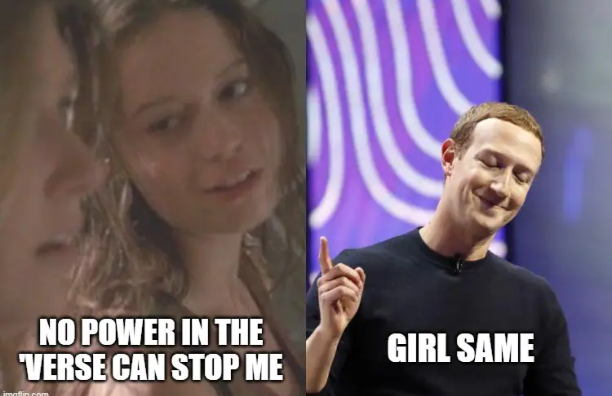 Mark Zuckerberg tells what a woman says to her friend and responds, "girl same"