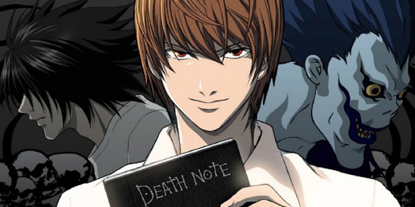 A boy character from Death Note holding death note book