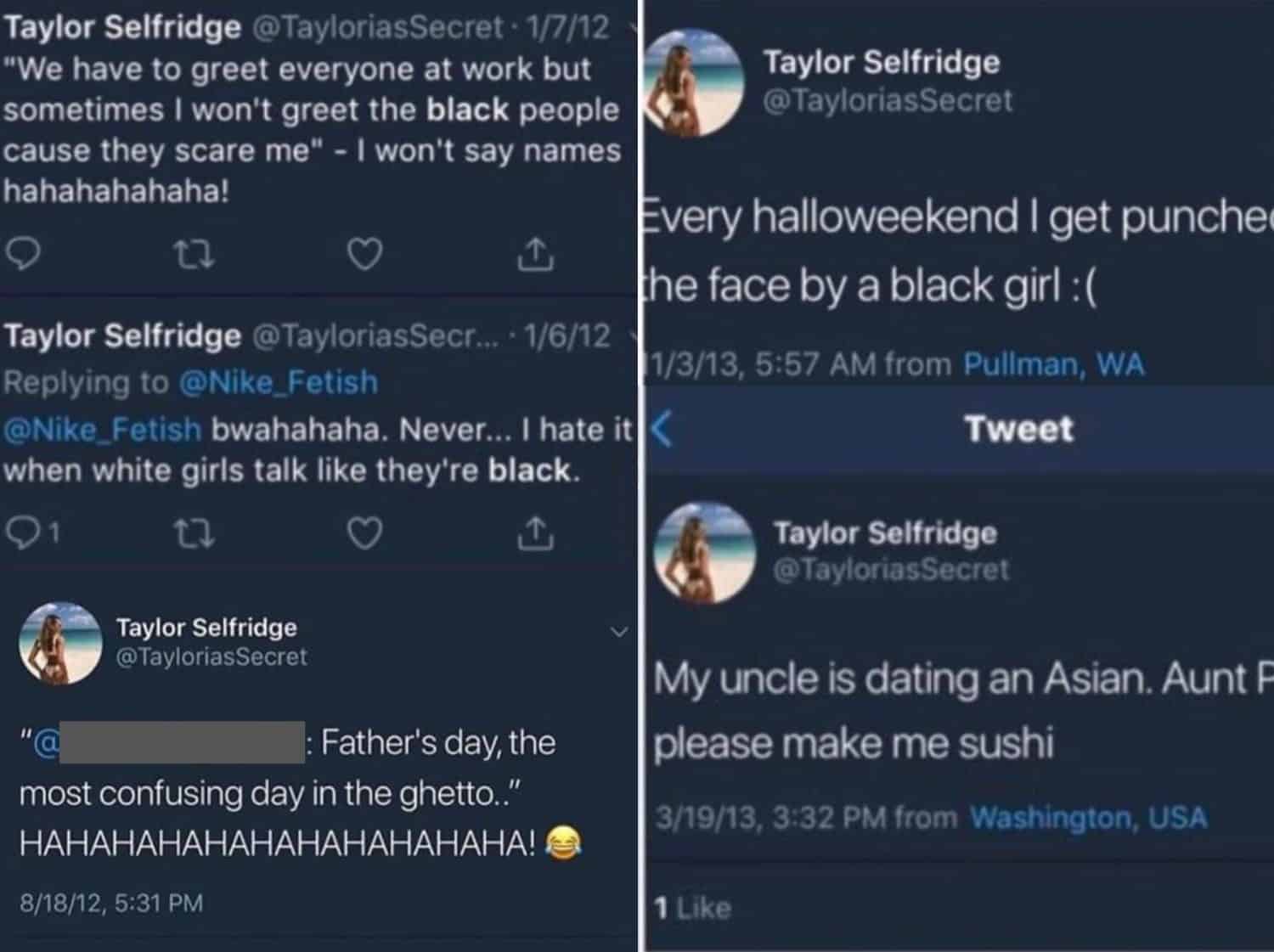 Screenshots from her Twitter account posting racist messages against African and Asian descent