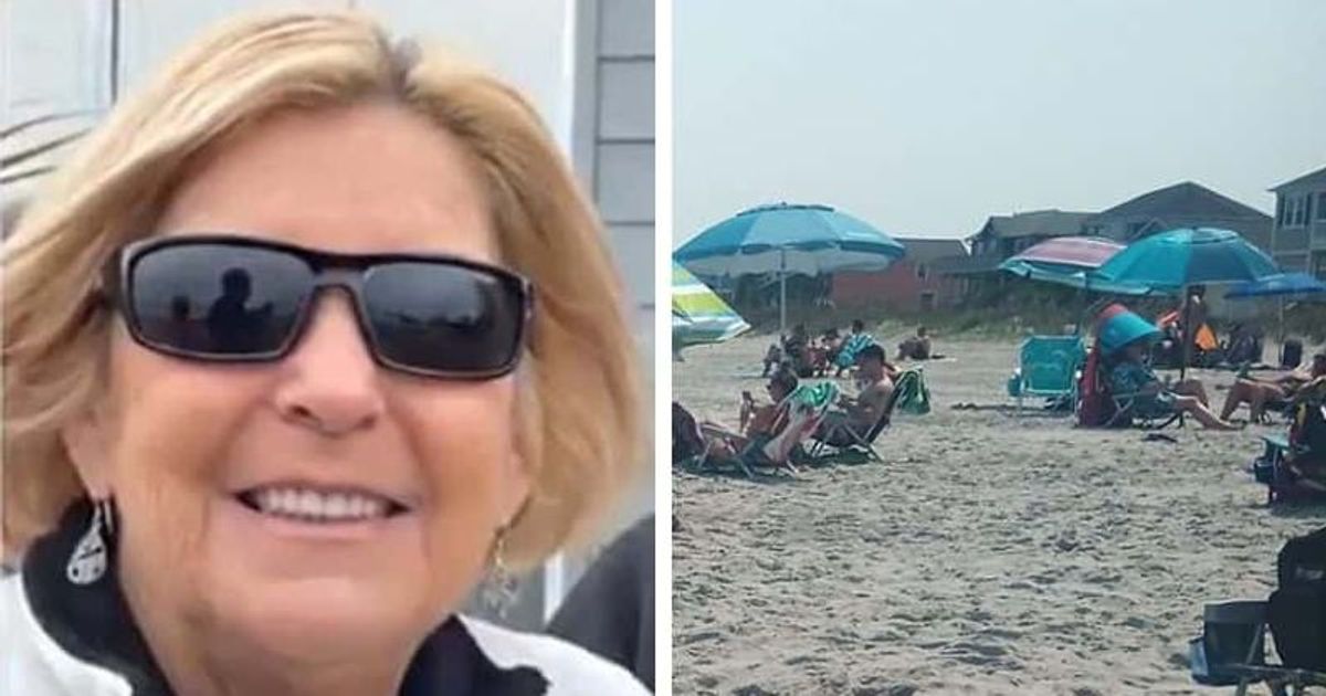 Tammy Perreault smiling; People sitting at the beach